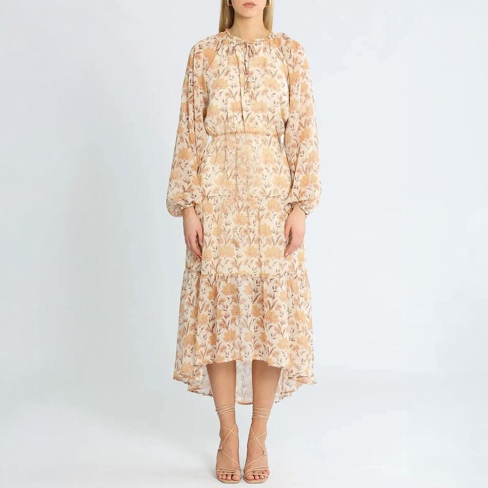 MINKPINK Floral Moyne Long Sleeve Tiered Midi Dress Size M
